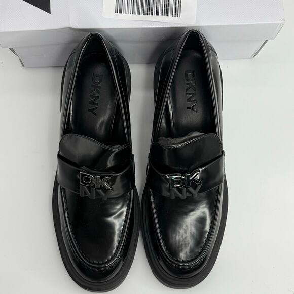 NEW DKNY Texas Heeled Platform Loafers in black size 9.5 Chunky academia heels - Picture 4 of 7